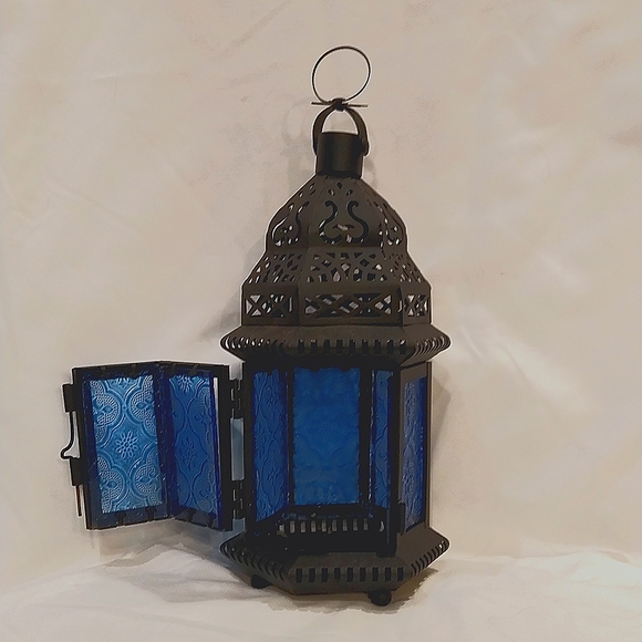 Metal Hanging Candle Holders - Black with Blue stain glass all around. - Picture 3 of 5